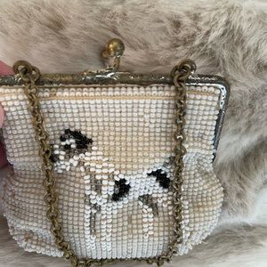 Vintage Beaded Airedale or Terrier Dog Design Coin Purse with Chain. 3” x 21/2”